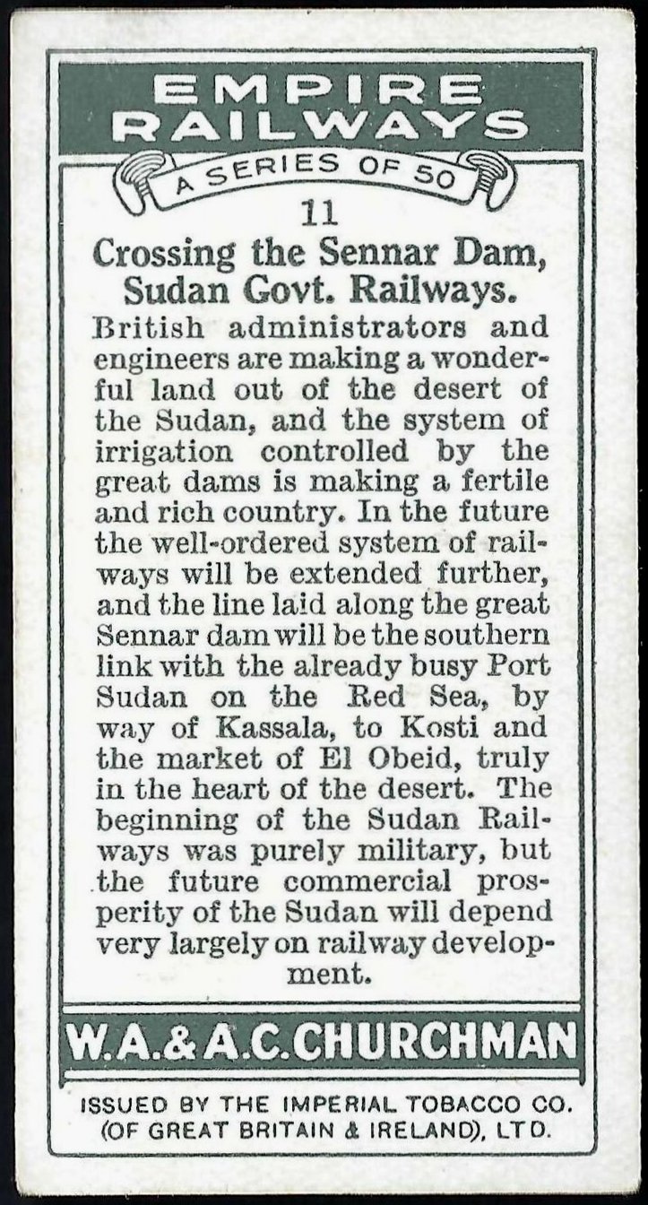 Train Stamps : Sudan : Sennar Dam Churchman's Cigarette Card Empire Series 1931 Card #11